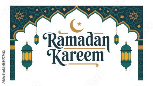Ramadan Kareem greeting: An artistic Islamic design, wishing a Ramadan Kareem with a crescent moon, star, and decorative lanterns, celebrates the holy month with cultural elegance.