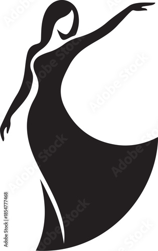 A woman silhouette vector in a flowing dress, posed with one arm extended. Perfect for graphic resources, feminine shape vector designs, and creative projects.