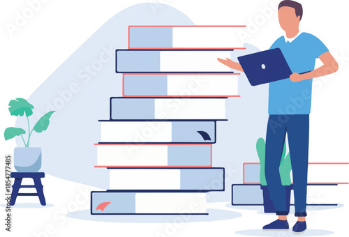 Man with large stack of books - Person holding computer laptop reading, learning and education himself on literature. Flat design vector illustration with white background