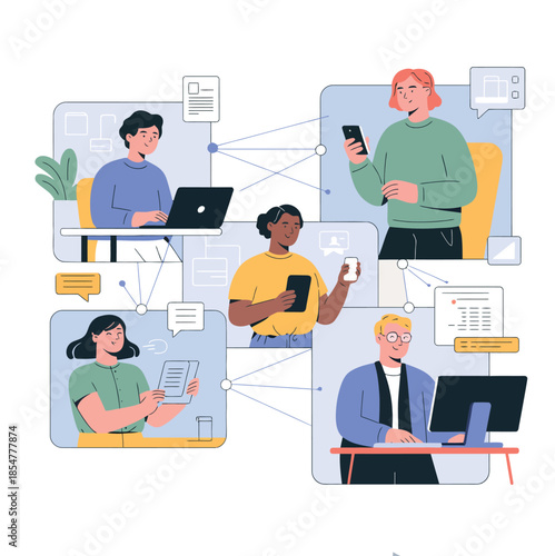 Diverse professionals collaborating remotely through digital platforms and interconnected devices