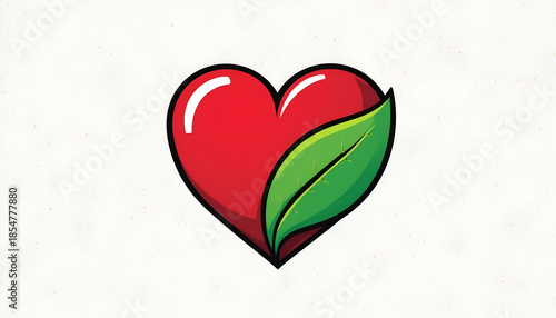 Glossy Red Heart with Green Leaf Eco Symbol on White Background