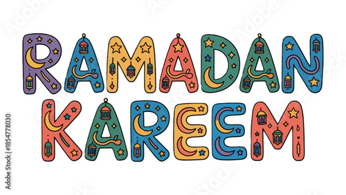 Ramadan Kareem: A vibrant and colorful illustration conveys the spirit of Ramadan Kareem with playful lettering, adorned with traditional islamic motifs of crescent moons, stars, and lanterns.