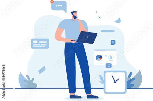 Man working and thinking - Person standing with laptop computer contemplating and doing work. Flat design cartoon vector illustration with white background