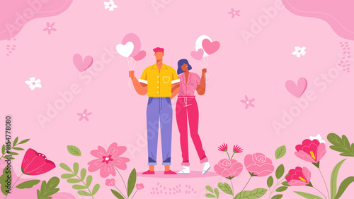 Embrace of Love A Couple Cherishes Their Bond Amidst Blooming Flowers and Hearts, Celebrating Romance and Connection