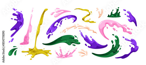 Liquid splashes, splatters set. Juice fluid spatters, squirts, dripping fruit and berry syrup, paint spill, spray in dynamic flow, motion. Flat vector illustration isolated on white background