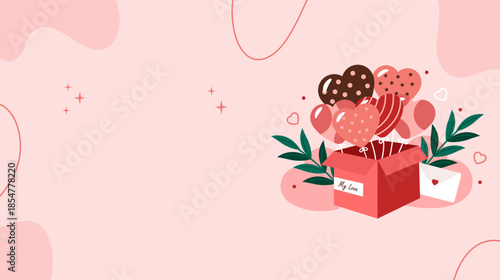 Delightful illustration of a gift box overflowing with charming heart balloons, symbolizing love and celebration, set against a soft, festive pink background, perfect for romantic gestures
