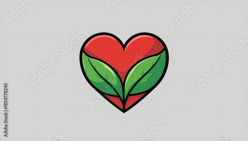 Red Heart with Green Leaves Forming Eco Love Symbol on White Background