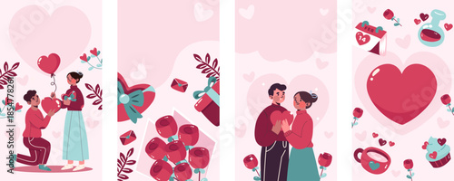 Charming Valentine's Day illustrations featuring couples, proposals, gifts, and hearts, ideal for romantic digital content and expressing love