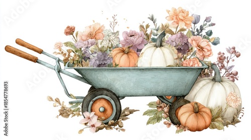 Watercolor wheelbarrow with autumn flowers and pumpkins. Clipart-style illustration, isolated on a white background, with pastel colors and cute designs