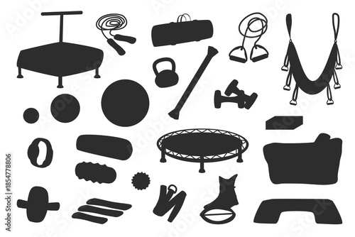 Black silhouette set of fitness and wirkout equipment icons. Isolated on the white background. Collection gym accessories for yoga, jumping fitness and kangoo jump.