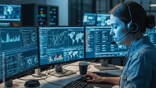 Woman Analyst Working with Data on Multiple Monitors in a Dark Control Room