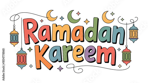 Ramadan Kareem Illustration: Festive calligraphy with ornamental lanterns and crescent moons, evoking the spirit of Ramadan.