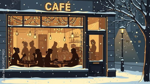 Cozy winter cafe scene with people inside warmly lit on snowy night outside