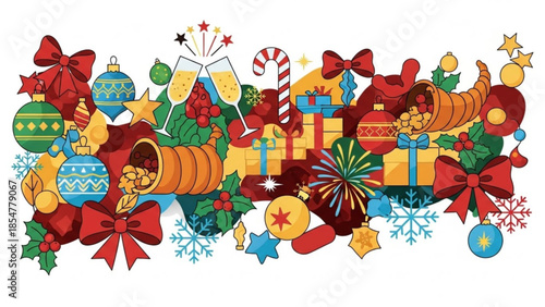 Colorful christmas decorations with gifts, ornaments, bows, and festive symbols