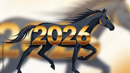 Black horse with golden 2026 text overlay running on blurred background