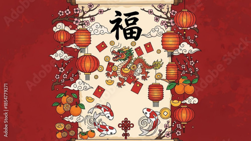 Chinese new year celebration with dragon, lanterns, and prosperity symbols on red background