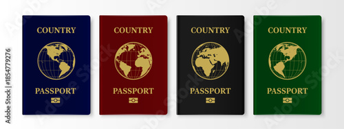 Passport Cover Vector Set – Biometric International Passport Templates with Golden Globe, Leather Travel Document Covers in Blue, Red, Black and Green