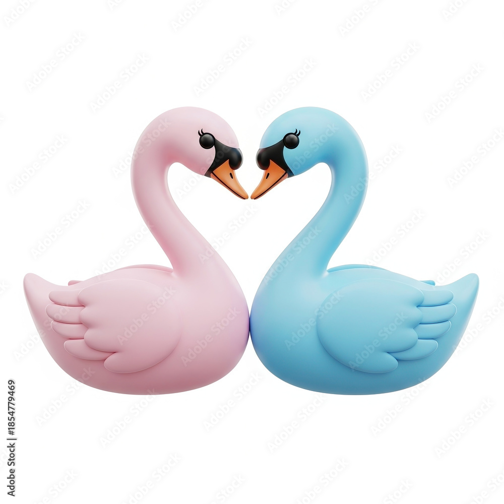 Obraz premium Two swans, one pink and one blue, facing each other with beaks touching, forming a heart shape against a white background.