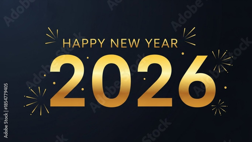 Happy new year 2026 gold text on dark background with fireworks