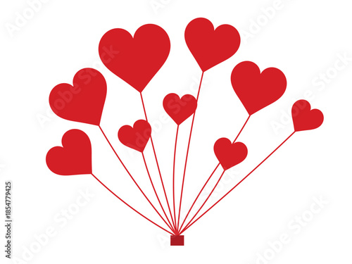 Heart balloon bouquet illustration. Red love heart balloons with strings arranged as a bunch. Romantic design for valentine, celebration, wedding and greetings