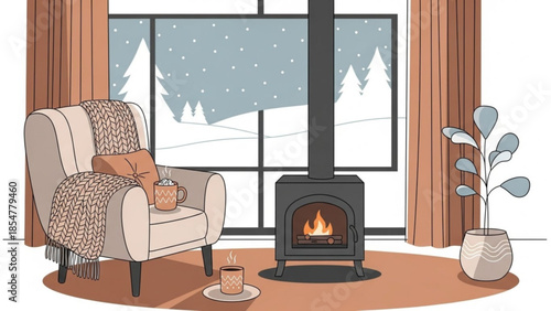 Cozy living room with fireplace and snowy landscape outside, warm armchair, cup of coffee,