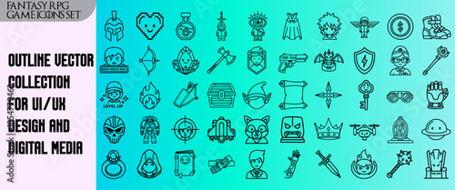 Fantasy RPG Game Icons Set - Outline Vector Collection for UI UX Design and Digital Media