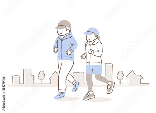 街中をジョギングする男性と女性のイラスト素材