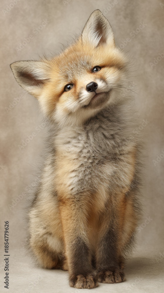 Obraz premium cute fluffy fox cub with head tilt, innocent emotion, pastel beige background, soft lighting