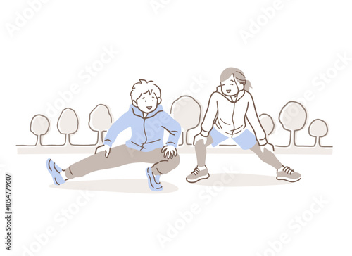 公園でストレッチをする男性と女性のイラスト素材
