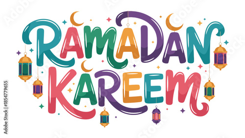 Ramadan Kareem Illustration: Colorful illustration that embodies the spirit of Ramadan, a time of reflection, generosity, and spiritual renewal, adorned with crescent moons and traditional lanterns.