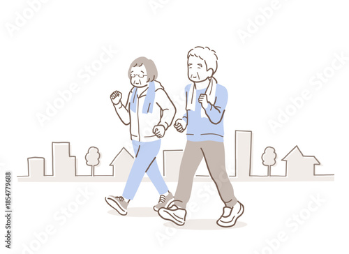 街をウォーキングするシニア夫婦のイラスト素材