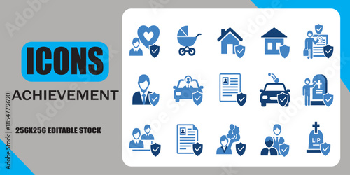 Set of insurance and protection icons on a grey background