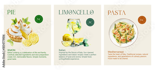 Amalfi coast poster showcasing Italian lemon-inspired cuisine. Watercolor menu with fresh seafood, pasta, tarts and limoncello against Mediterranean summer backdrop.