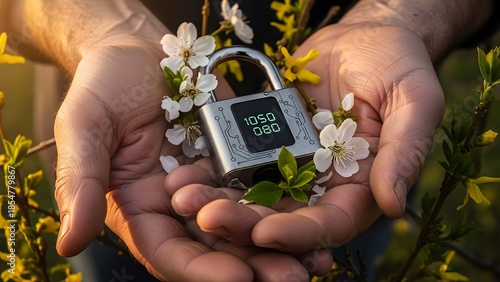 Wallpaper Mural Aged Hands Cradling Futuristic Digital Padlock Amid Spring Blossoms Macro Torontodigital.ca