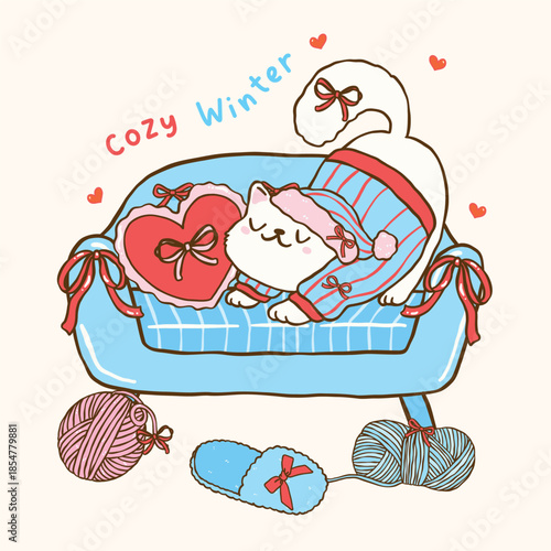 Preppy Coquette cozy winter stretching cat on comfy sofa couch hand drawn doodle collection in Trendy Red and Blue hues.