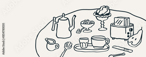Breakfast food and drinks on table. Morning serving in hand-drawn sketch doodle style. Coffee, toasts in toaster, cup, snacks, scribble line-art drawing. Contour outline flat vector illustration