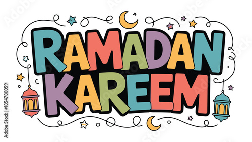 Ramadan Kareem: Vibrant and festive design featuring calligraphy, lanterns, and celestial elements, perfectly encapsulates the essence of the holy month.