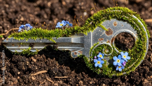 Wallpaper Mural Fibonacci Spiral Rusty Key with Moss and Flowers in Spring Soil Torontodigital.ca