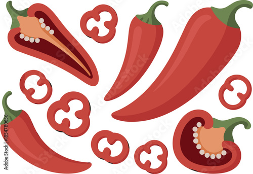 Variety of Red Chili Peppers Whole, Halves, and Slices Vector Illustration Set