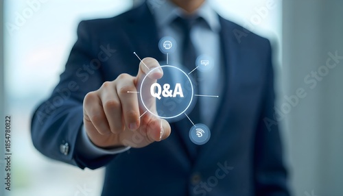 Businessman hand clicking Q&A or Question and Answer button FAQ( frequency asked questions) Q and A - Answer, Question Ask, Information, Communication Concepts on digital platform