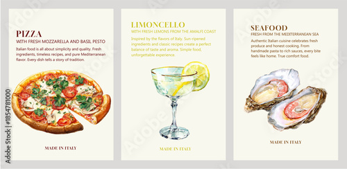 Amalfi coast travel poster showcasing Italian cuisine: pizza, lemons, oysters, and limoncello. Summer Mediterranean food illustration with vintage postcard frame and coastal elements.