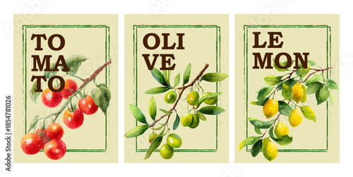Italian poster with lemon branches, olive trees, and Mediterranean coast imagery. Amalfi summer design featuring tomatoes, seafood, and Italy's vibrant culinary heritage.