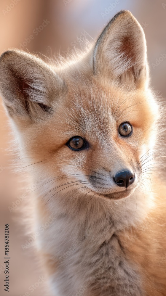 Fototapeta premium cute fluffy fox cub with head tilt, innocent emotion, pastel beige background, soft lighting