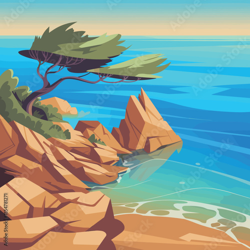 Vintage Pixel Art Vector Illustration of Mediterranean Coastal Scenery with Steep Rocky Cliffs, Lone Tree, and Clear Blue Ocean Water.