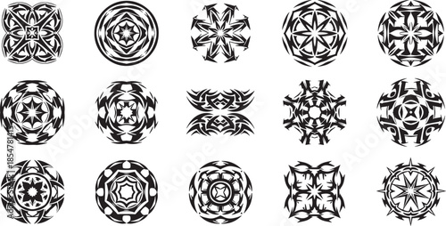 Collection of black and white tribal circular ornamental patterns and designs