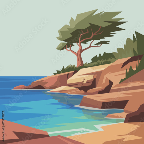 Vintage Style Coastal Landscape Vector Illustration with Rocky Beach, Large Tree on Cliff, and Clear Blue Ocean Water Background Scene.