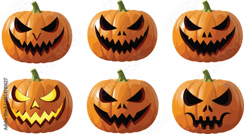 PrintCollection of scary Halloween jack o lantern pumpkin vectors featuring various spooky carved faces and glowing expressions isolated on a white background set.
