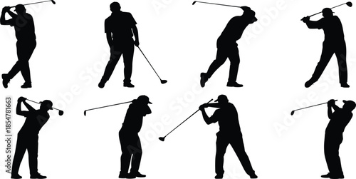 Golfer silhouette vector collection featuring athletes in various swing poses for sports tournament and golf club design