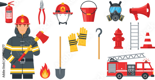Professional firefighter character vector collection featuring various fire rescue equipment including helmet axe hydrant fire truck and extinguisher isolated on white background.