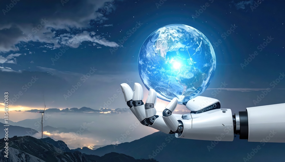 Fototapeta premium A futuristic scene of a robotic hand holding a glowing globe, symbolizing technology and innovation